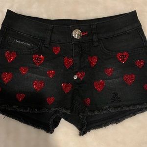 Phillip Plein red Swarovski crystal hearts shorts